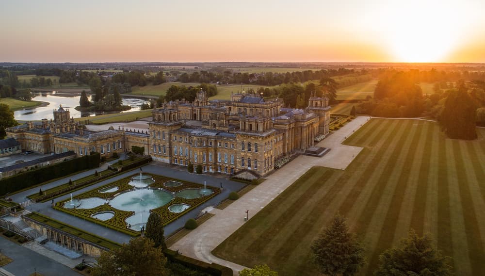 aerial shot of blenheim palace at sunset
