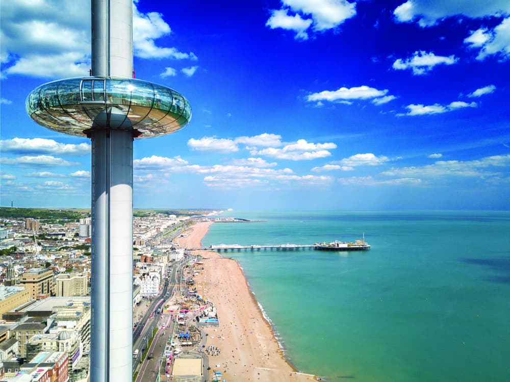 drone image of the pod of the i360 in brighton looking east along the coastline