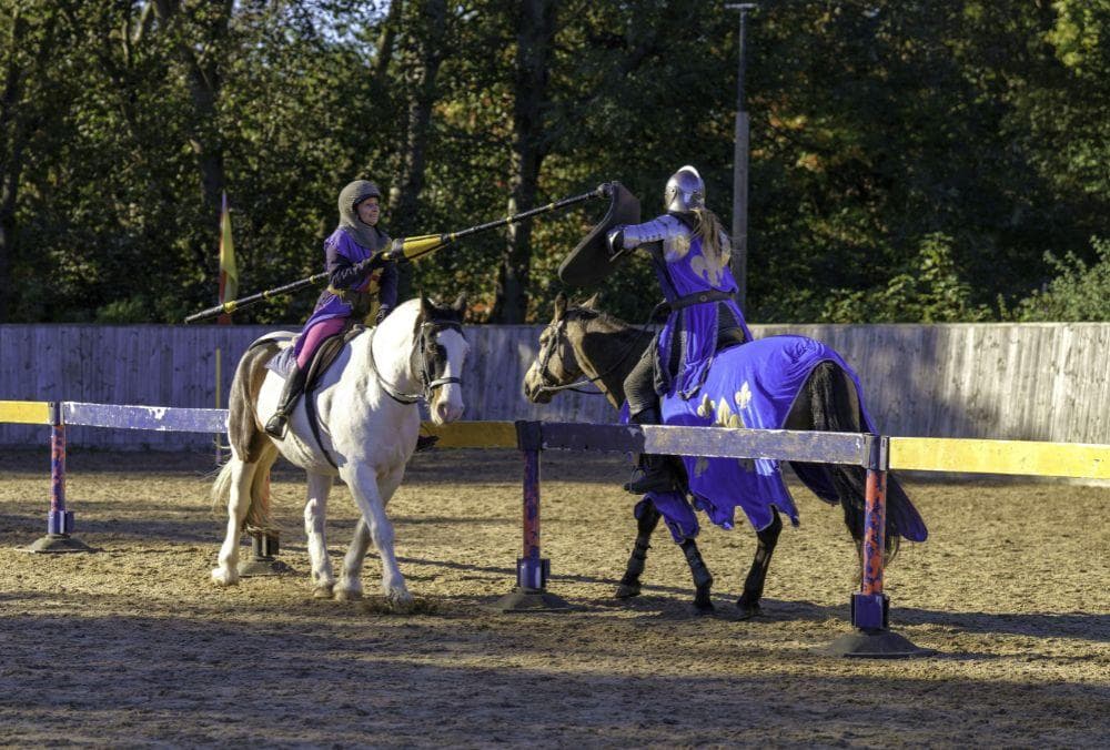 two people on horseback dressed as medieval knights on a jousting experience