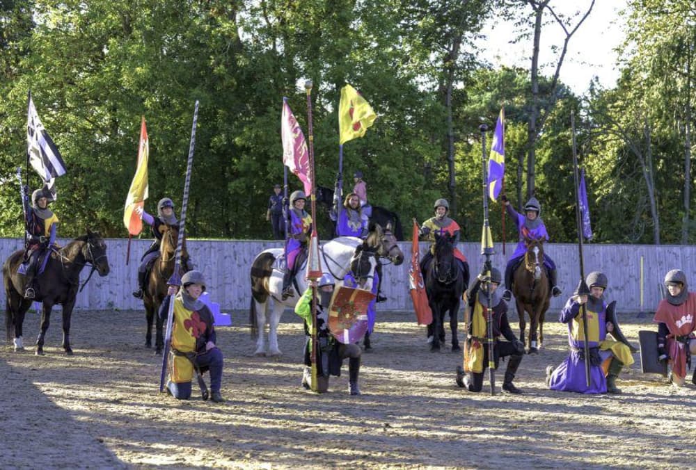people on horseback dressed as medieval knights on a jousting experience