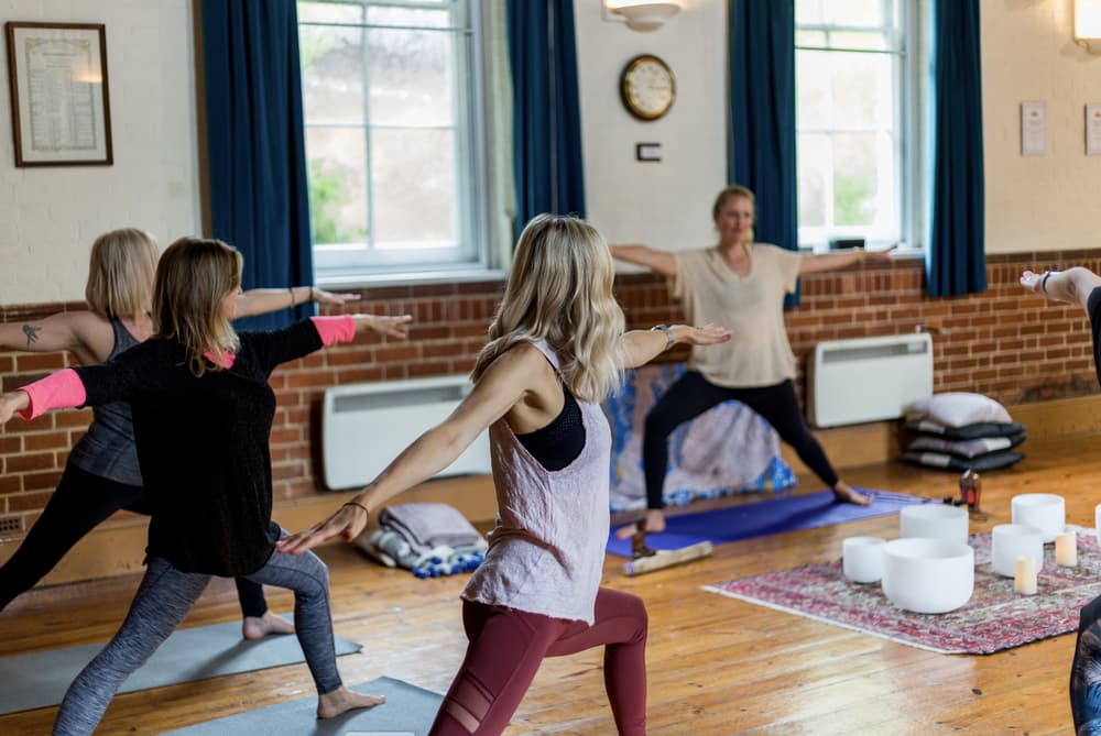 women at a yoga class on a mindfulness day retreat experience