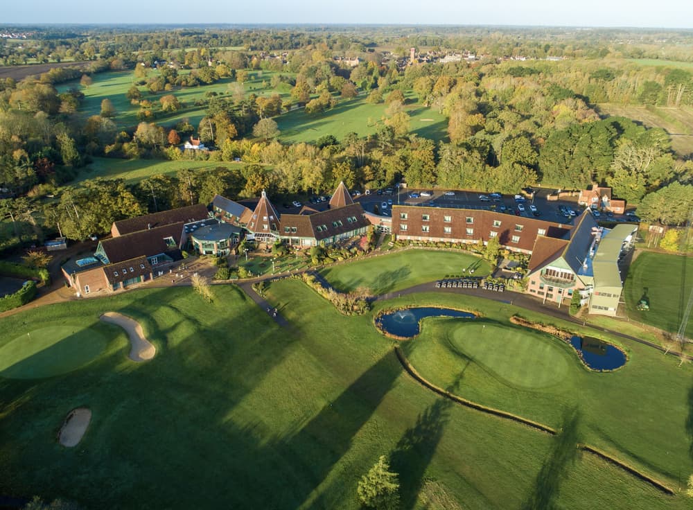 an aerial view of a hotel golf and spa resort in suffolk