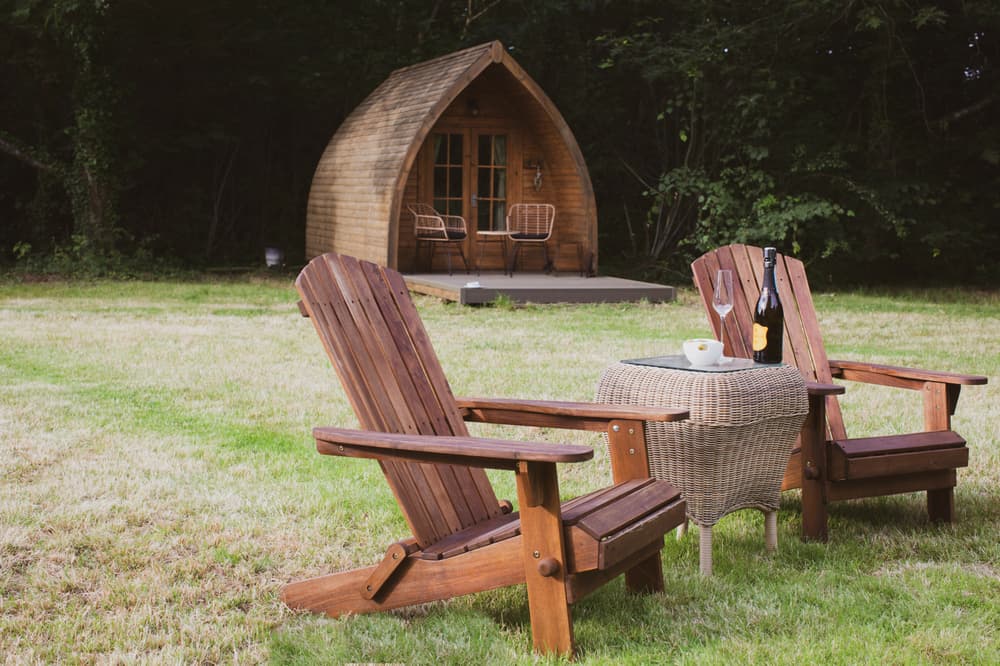 Outside of glamping pod with seating area