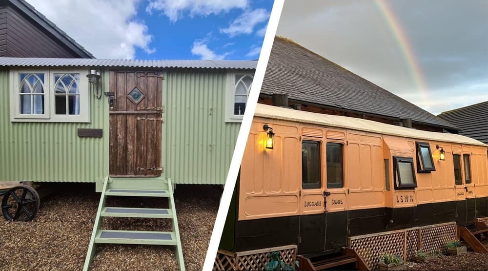 Split photo of a shepherds hut and railway carriage used for short stays near stonehenge