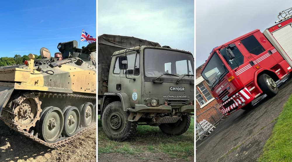 Split photo showing a tank daf army truck and a dennis fire engine that you can drive on a driving experience day