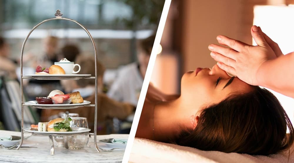 Split photo showing an afternoon tea and a woman having a facial treatment on a spa day