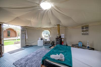 inside the yurt at back of beyond glamping in dorset