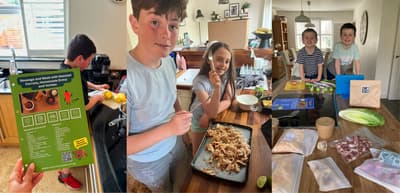 a trio of photos showing children having a go at cooking using a recipe box delivered to their home full of the ingredients they need