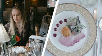 Split photo showing a woman sat at table on the northern belle with an example of the food you can expect