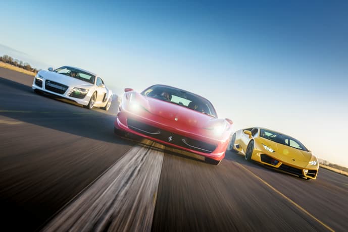 three supercars on a race track at car chase heroes driving experience day