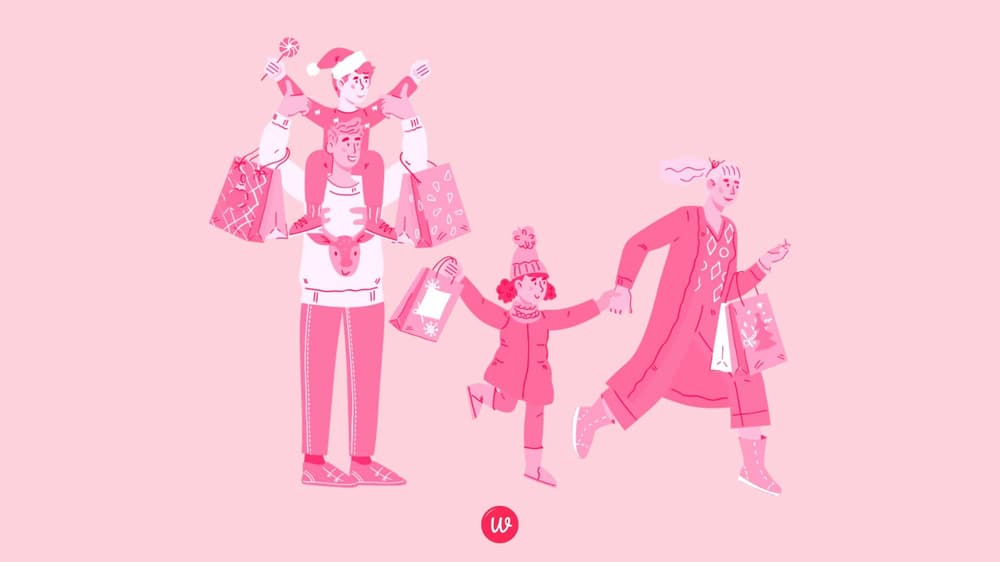 A graphic showing a family enjoying Christmas gift shopping together.