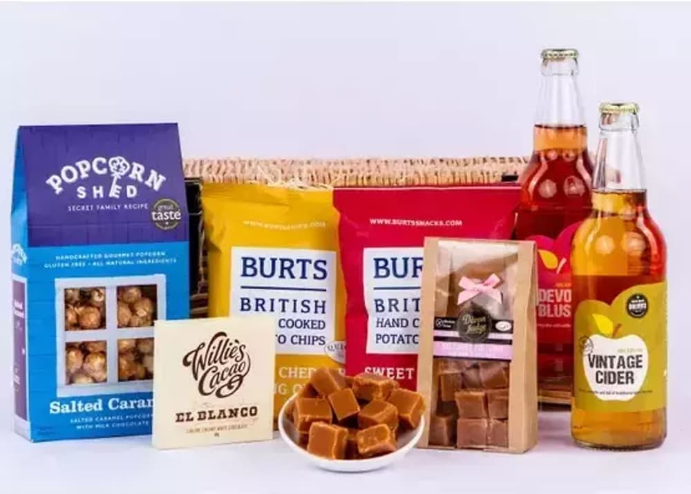 a movie night hamper of crisps, popcorn, fudge and cider