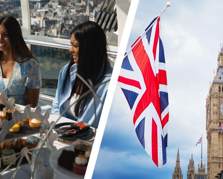 Split photo of an afternoon tea on london eye and big ben with union jack flag