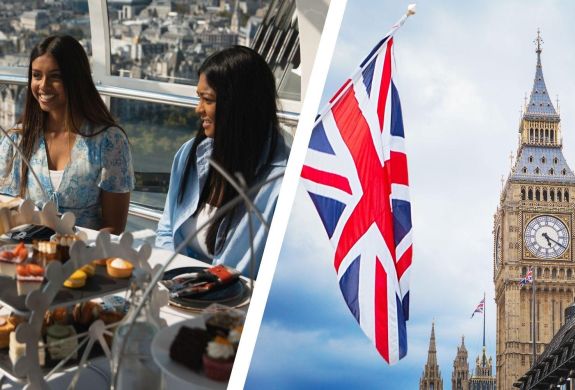 Split photo of an afternoon tea on london eye and big ben with union jack flag