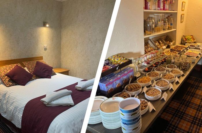 Split photo of a double room and buffet breakfast