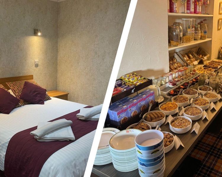 Split photo of a double room and buffet breakfast