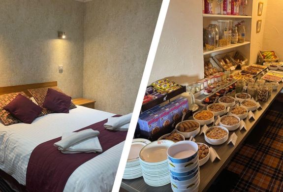 Split photo of a double room and buffet breakfast