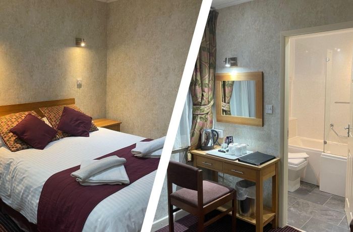 Split photo of a hotel room with double bed and view into the bathroom