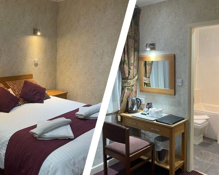 Split photo of a hotel room with double bed and view into the bathroom