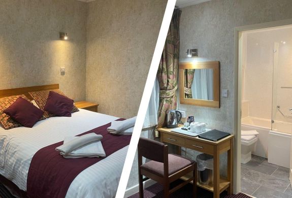 Split photo of a hotel room with double bed and view into the bathroom