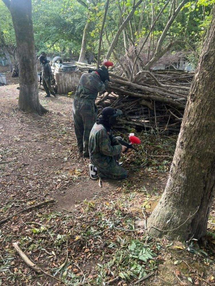 People hiding behind trees playing paintball
