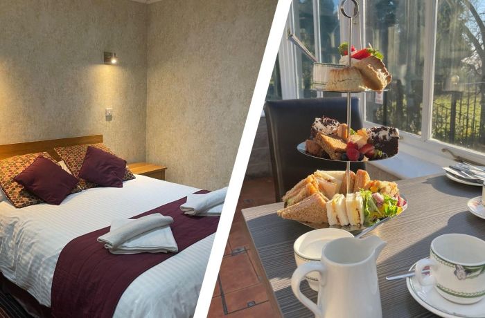 Split photo of a hotel room with double bed and afternoon tea in conservtory