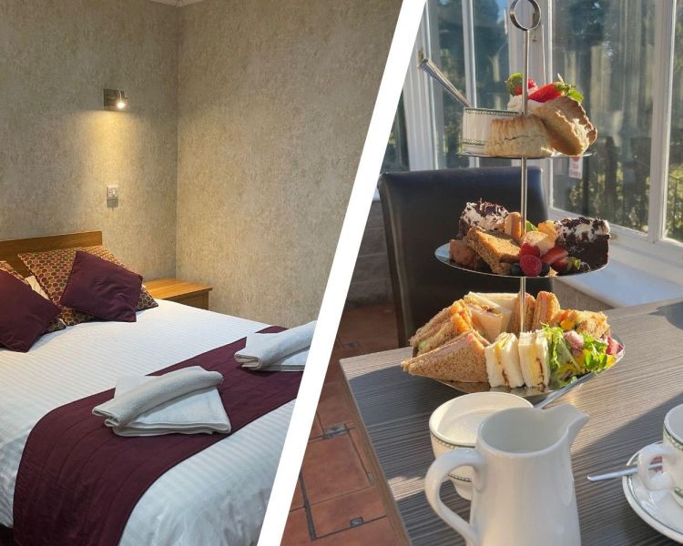 Split photo of a hotel room with double bed and afternoon tea in conservtory
