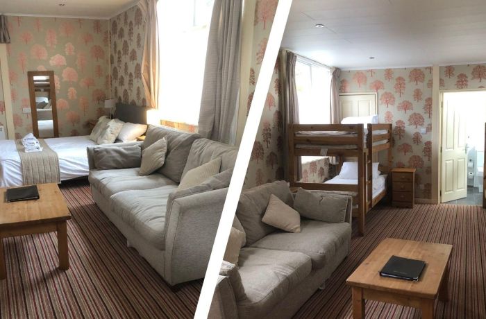 Split photo of a hotel room with double bed and sofa and bunk beds