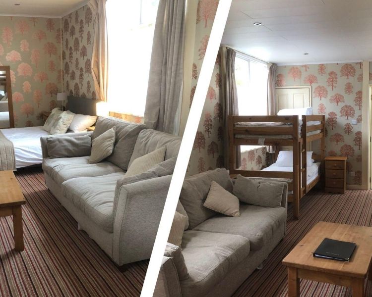 Split photo of a hotel room with double bed and sofa and bunk beds