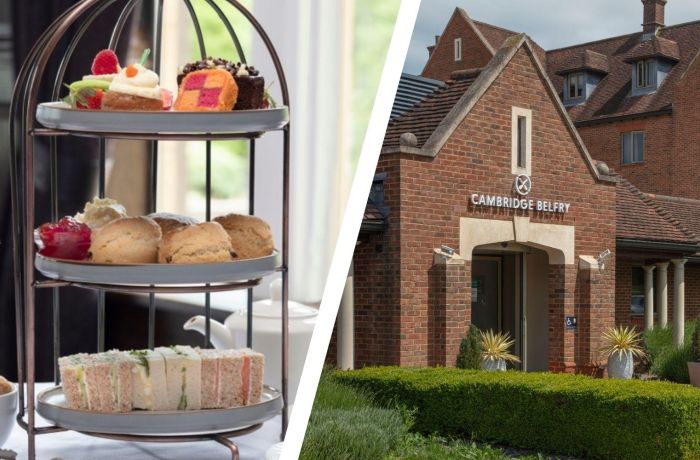 Split photo of an afternoon tea cake stand and entrance to the cambridge belfry hotel