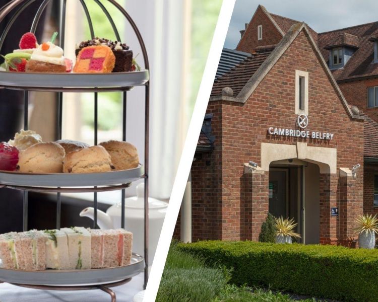 Split photo of an afternoon tea cake stand and entrance to the cambridge belfry hotel