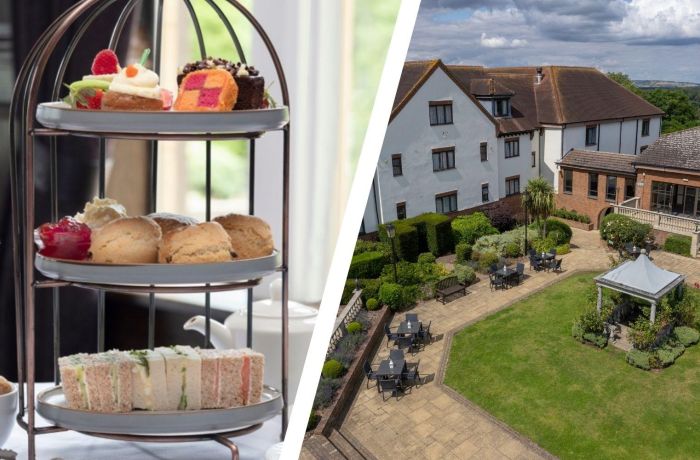 Split photo of an afternoon tea cake stand and the gardens of the oxford belfry hotel