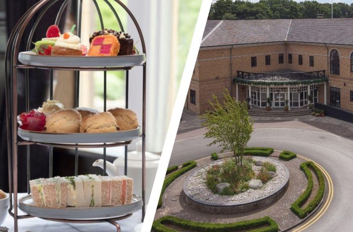 Split photo of an afternoon tea cake stand and the entrance of belton woods hotel in grantham