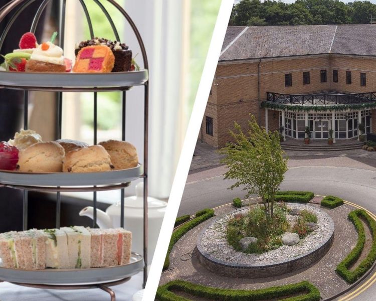 Split photo of an afternoon tea cake stand and the entrance of belton woods hotel in grantham
