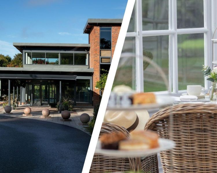 Split photo of an afternoon tea and the entrance of norton park hotel in winchester