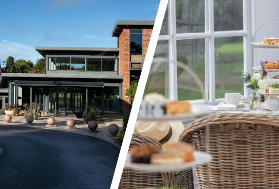 Split photo of an afternoon tea and the entrance of norton park hotel in winchester