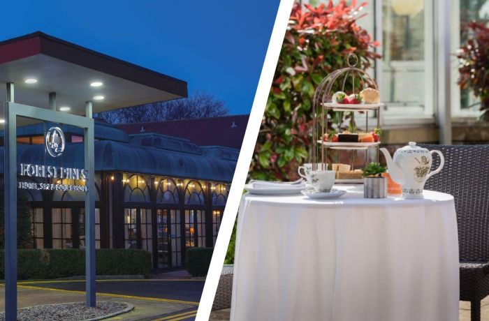 Split photo of an afternoon tea and the entrance of forest pines hotel in lincoln