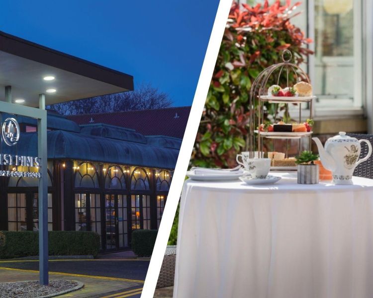 Split photo of an afternoon tea and the entrance of forest pines hotel in lincoln