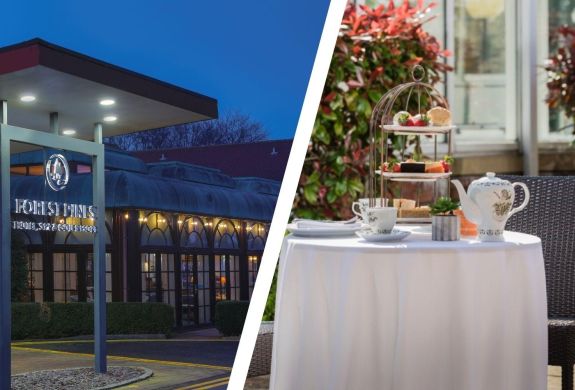 Split photo of an afternoon tea and the entrance of forest pines hotel in lincoln