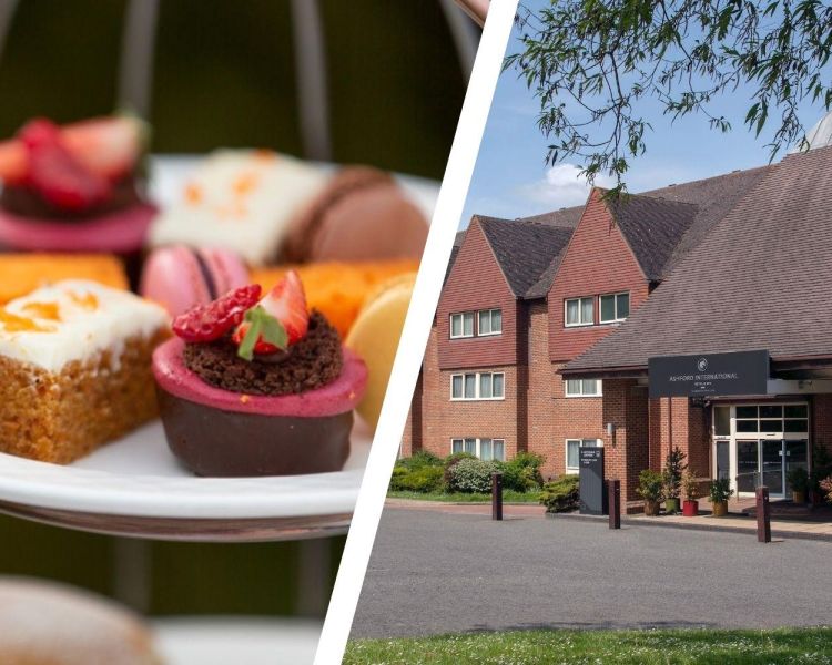 Split photo of an afternoon tea and the entrance of ashford international hotel in kent
