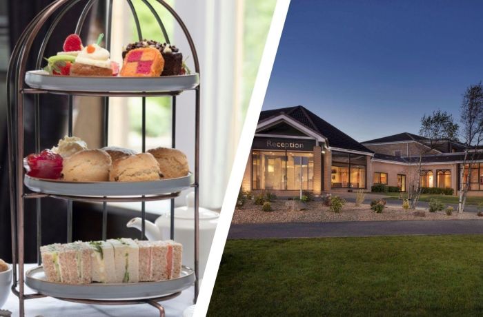 Split photo of an afternoon tea and the entrance of westerwood hotel in glasgow