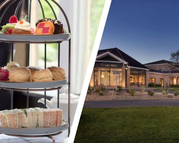 Split photo of an afternoon tea and the entrance of westerwood hotel in glasgow