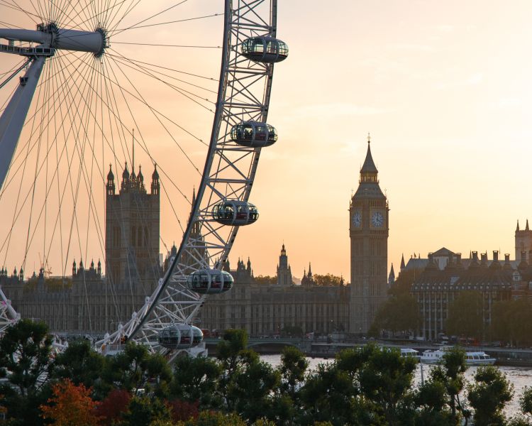view of london eye with big ben and houses of parliament in background