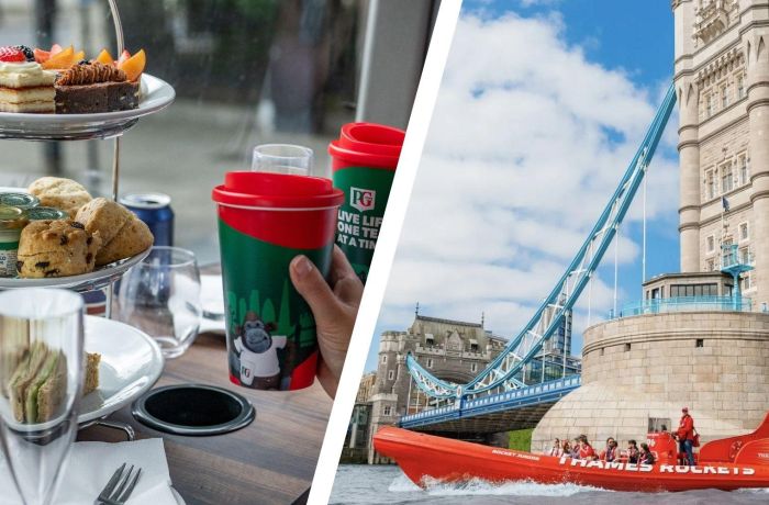 Split photo of an afternoon tea on bus tour and thames rockets speedboat on thames