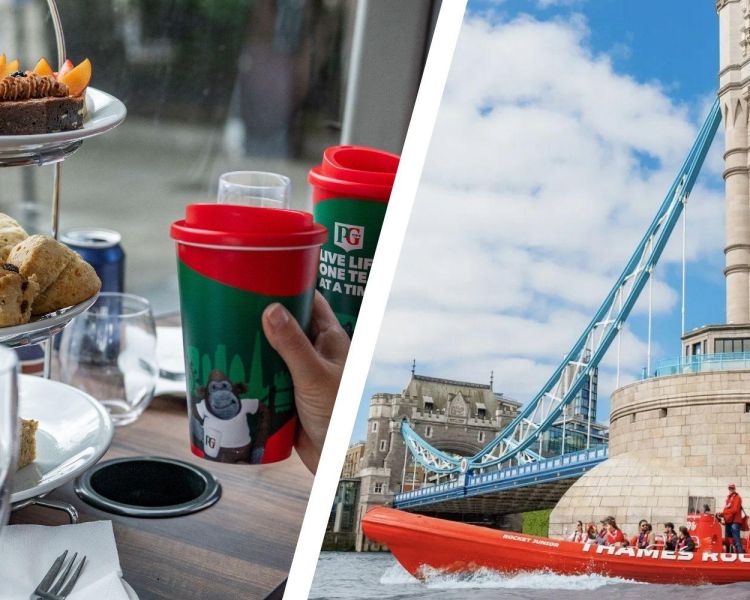 Split photo of an afternoon tea on bus tour and thames rockets speedboat on thames