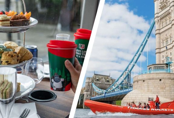 Split photo of an afternoon tea on bus tour and thames rockets speedboat on thames