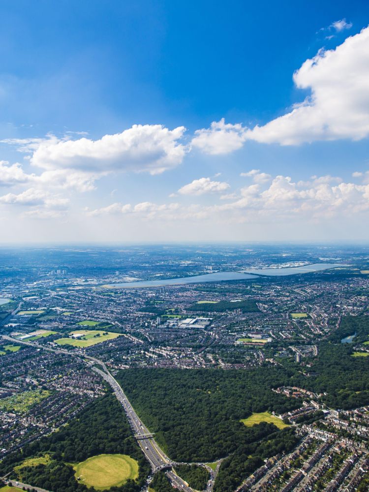 aerial view over town and countryside