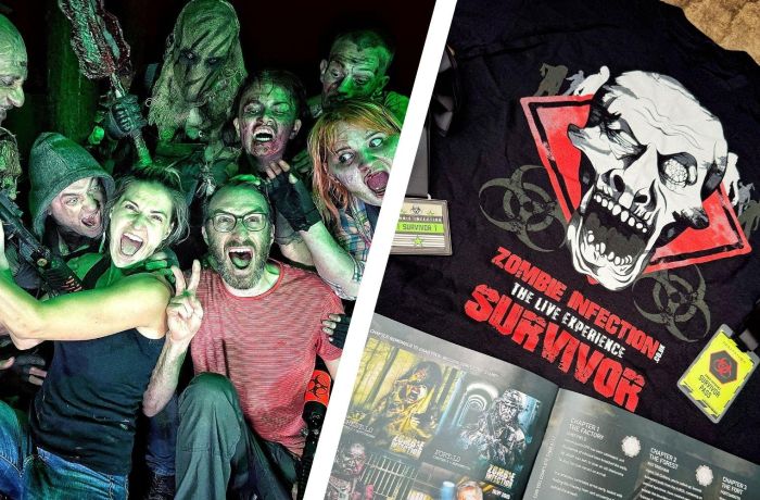 Split photo of a zombie experience and souvenir merchandise gift set
