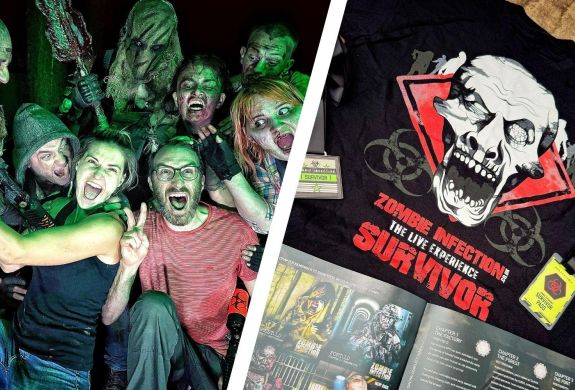 Split photo of a zombie experience and souvenir merchandise gift set