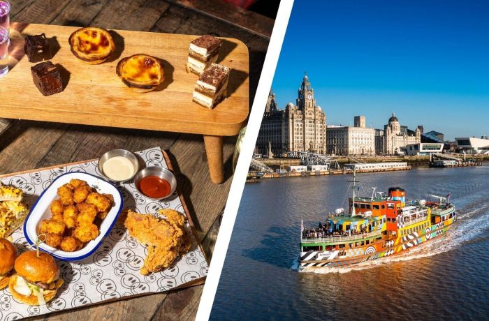 Split photo of an afternoon tea at revolution bars and a liverpool mersey ferries cruise